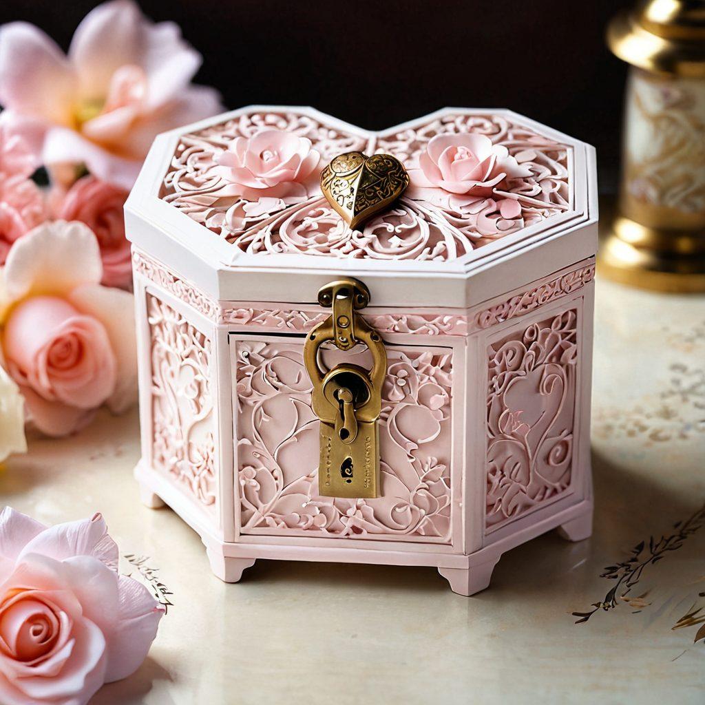 A beautifully crafted love treasure box adorned with intricate designs and a heart-shaped lock, sitting in an elegant setting filled with soft pink petals and dim romantic lighting. Surround it with handwritten love notes and small mementos representing cherished memories. Capture a sense of warmth and intimacy to evoke romance. super-realistic. soft focus. warm colors. dreamy atmosphere.