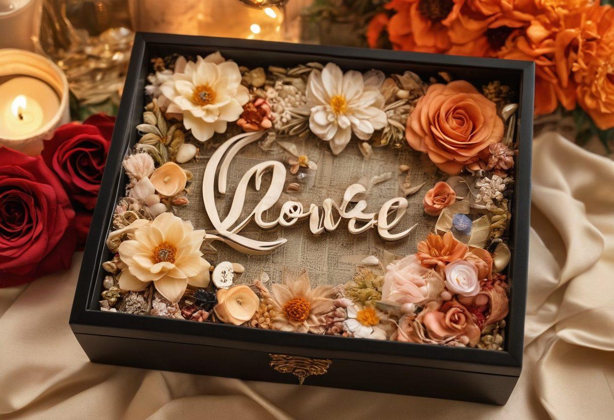 A beautifully crafted love keepsake box overflowing with creative mementos like handwritten letters, dried flowers, and small trinkets. The background features soft, warm lighting and a touch of romance with subtle heart motifs. Include a cozy atmosphere with hints of personal touches like photos and ribbons surrounding the box. Emphasize a sense of nostalgia and affection in the composition. super-realistic. warm colors. soft focus.